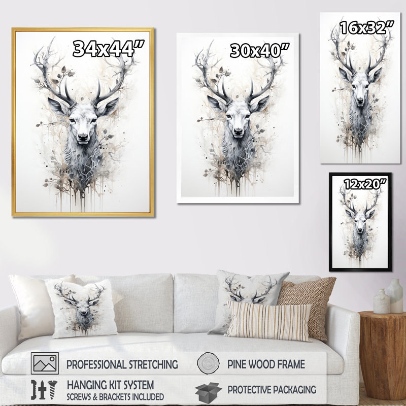 Portrait de cerf noir et blanc sur toile, H 40 po x l 30 po x P 1,5 po, Cadre simple argenté