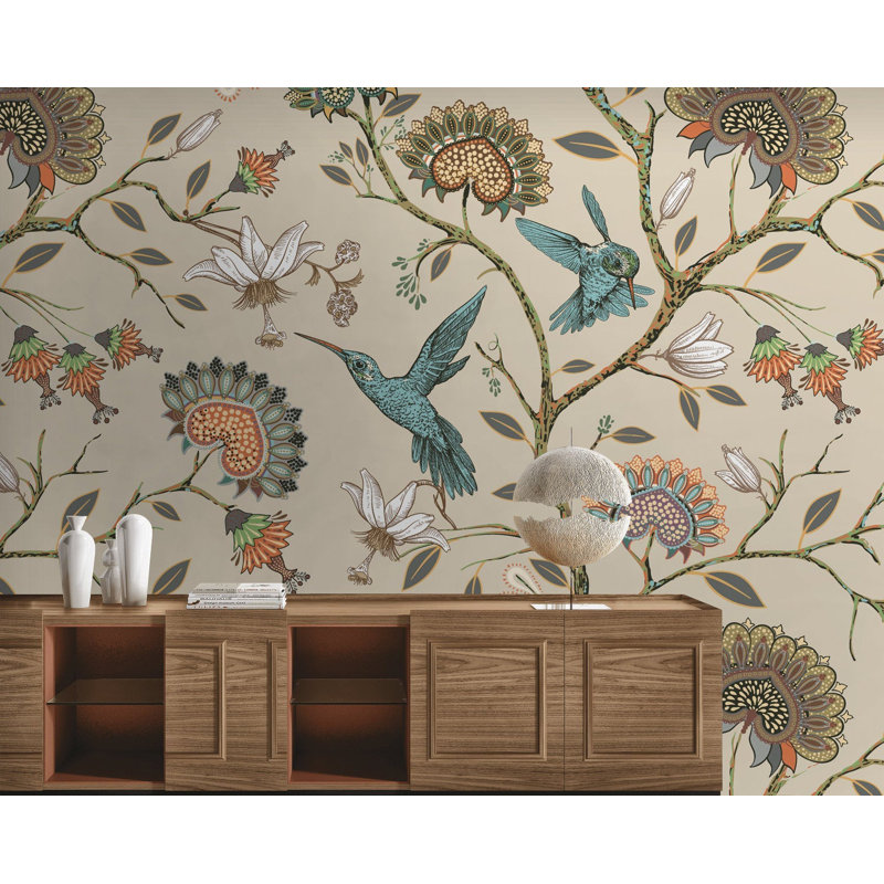 Papier peint amovible floral avec colibri, L 48,96 po x l 75 po