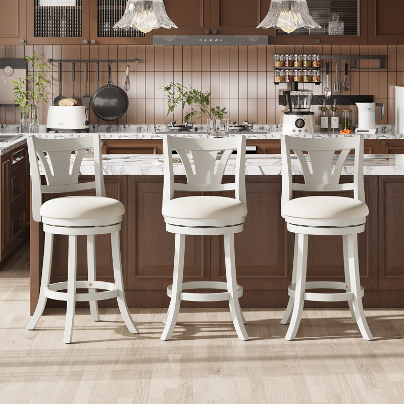 Upholstered Swivel Bar Stools with Curved Backrest & Solid Rubber Wood Legs, Counter Stool (26" Seat Height)