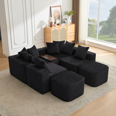 [NOUVEAU137,5 po. Canapé en forme de U, charge USB et sans fil, table basse avec porte-gobelet, canapé modulaire surdimensionné et mobile, repose-pieds mobile, sans assemblage, 6 sièges, velours côtelé, noir