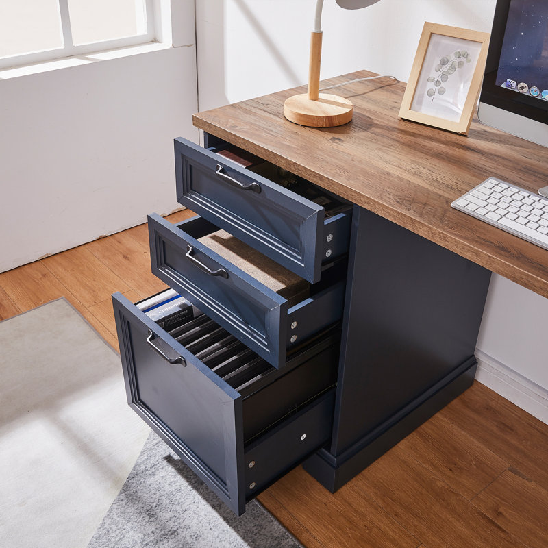 Bureau d'écriture rétro avec 2 prises CA, ports USB-C et USB, base en métal robuste, poignée équilibrée, bureau d'ordinateur idéal pour le bureau à domicile, bleu