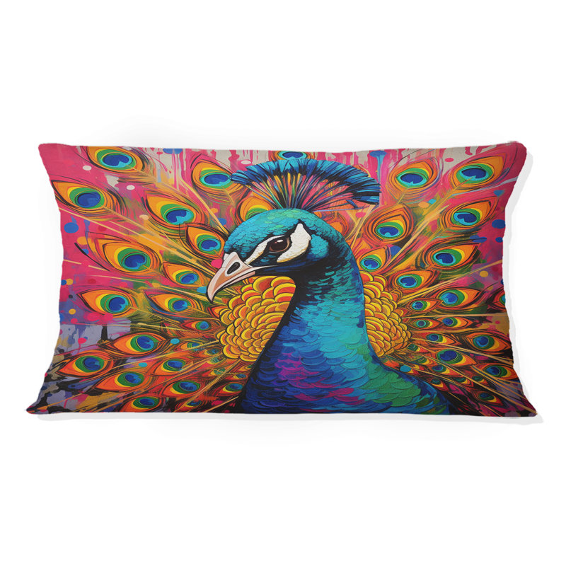 Coussin rose sarcelle Pop Art - imprimé paon