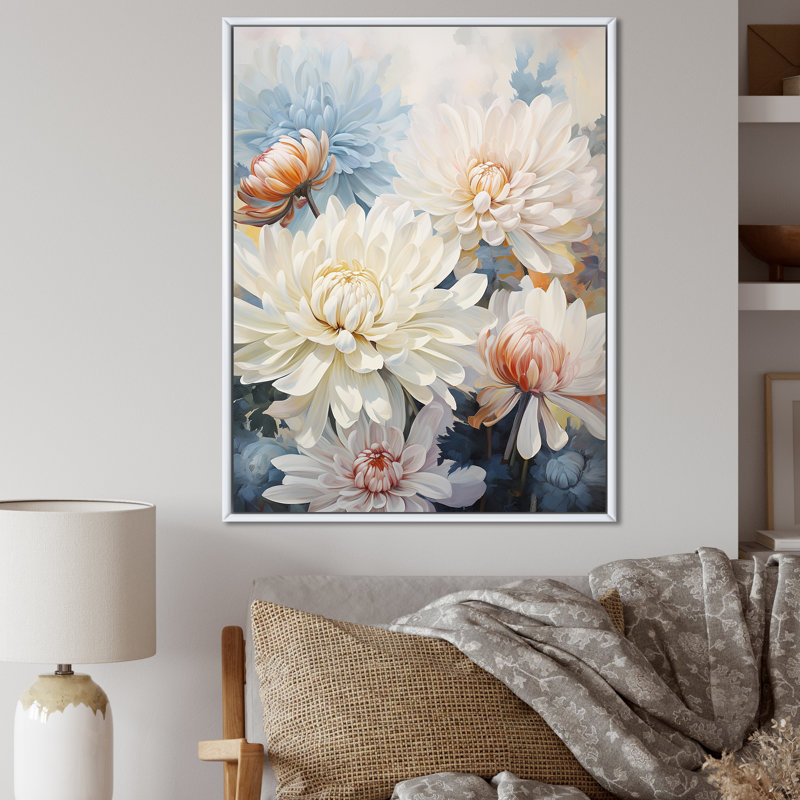 «White Mums In Blue Dream» sur toile, H 44 po x l 34 po x P 1,5 po, Cadre flottant blanc