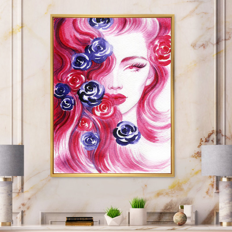 «Pink Floral Glam Woman Portrait», art mural sur toile glam, H 20 po x l 12 po x P 1 po, Cadre flottant doré