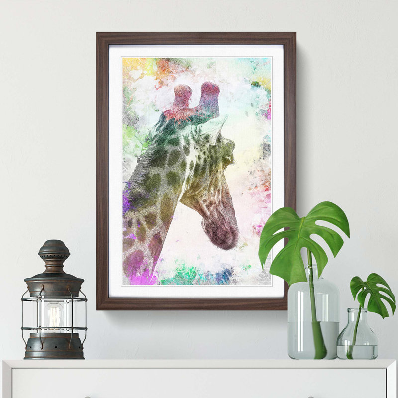 Giraffe Facing the Rainbow in Abstract - Picture Frame Painting Print, 48cm H x 36cm W x 2cm D, Walnut Framed