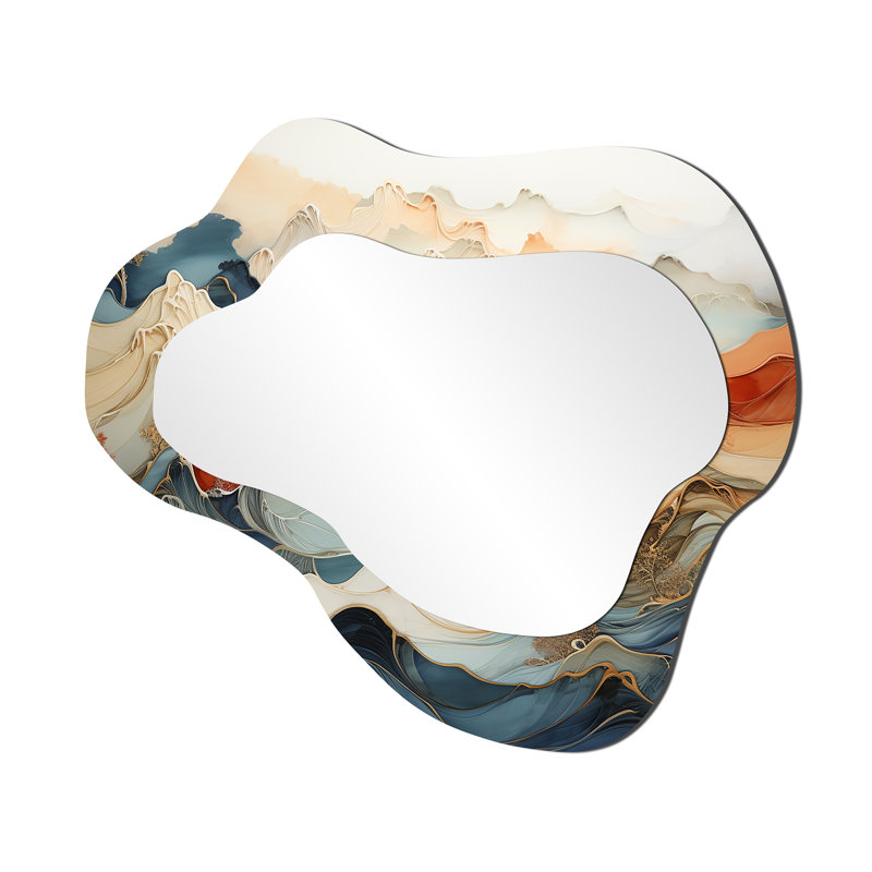 Abstract Orange And Blue River Ink III - Irregular Abstract Marble Modern Unique Wall Mirror, 25" x 28"