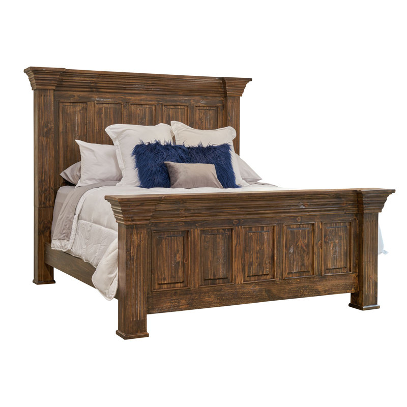 Rustic Brown Pine Wood Queen Bed with Headboard
