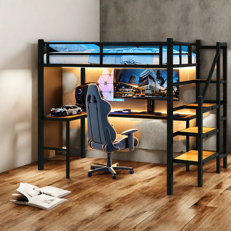 Lits gain d'espace avec rangement, lit mezzanine simple en métal et bois noir, style moderne