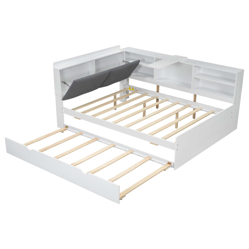 Lit plateforme en bois avec lit gigogne, tablettes et tête de lit, Blanc
