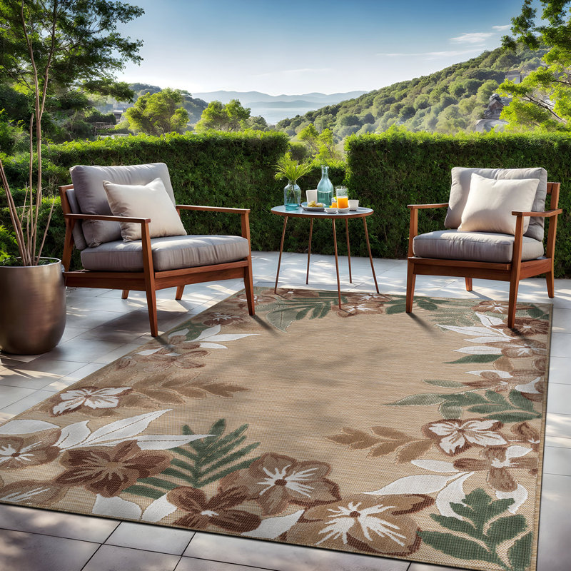 Tapis floral d'intérieur pour l'extérieur, Beige, Rectangle 6' x 9'