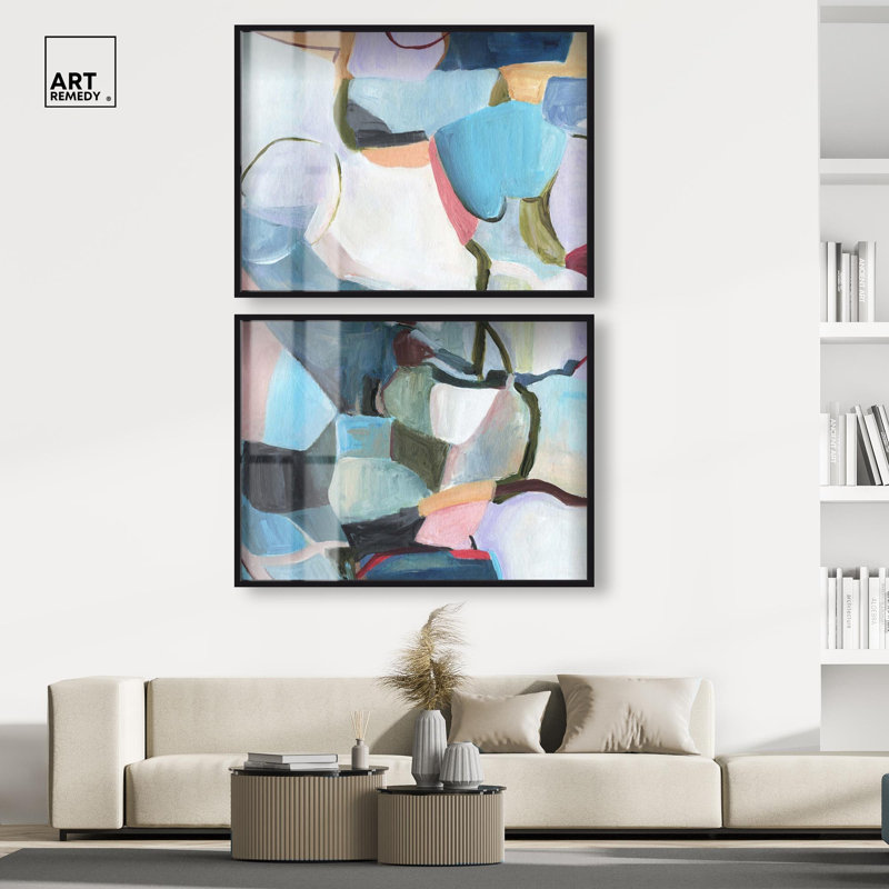 Mosaïques de couleurs II - Ira Comleva Hedon, grande reproduction sous verre en deux parties par Art Remedy, cadre noir, 44 x 33