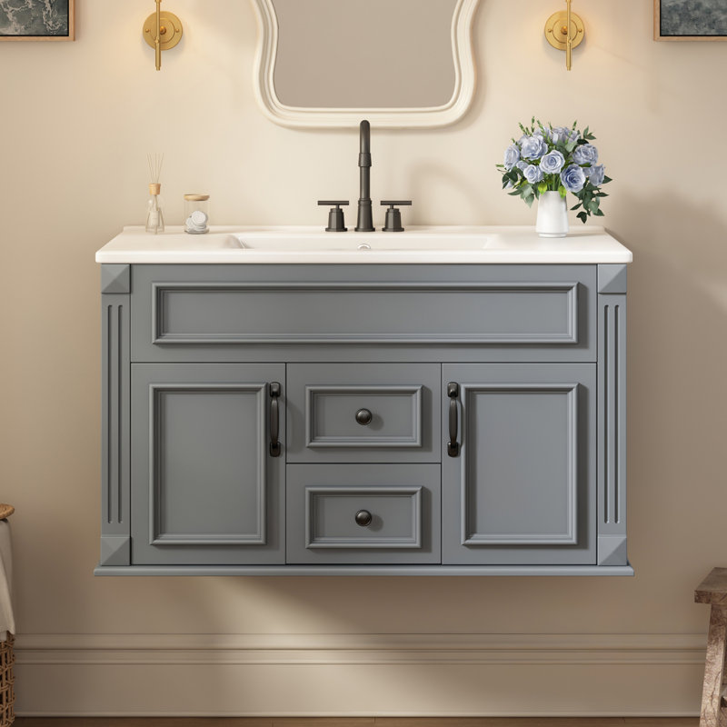 Armoire murale 36 po avec lavabo et tiroirs en céramique, meuble-lavabo simple de style français avec charnières à fermeture douce, meubles-lavabos