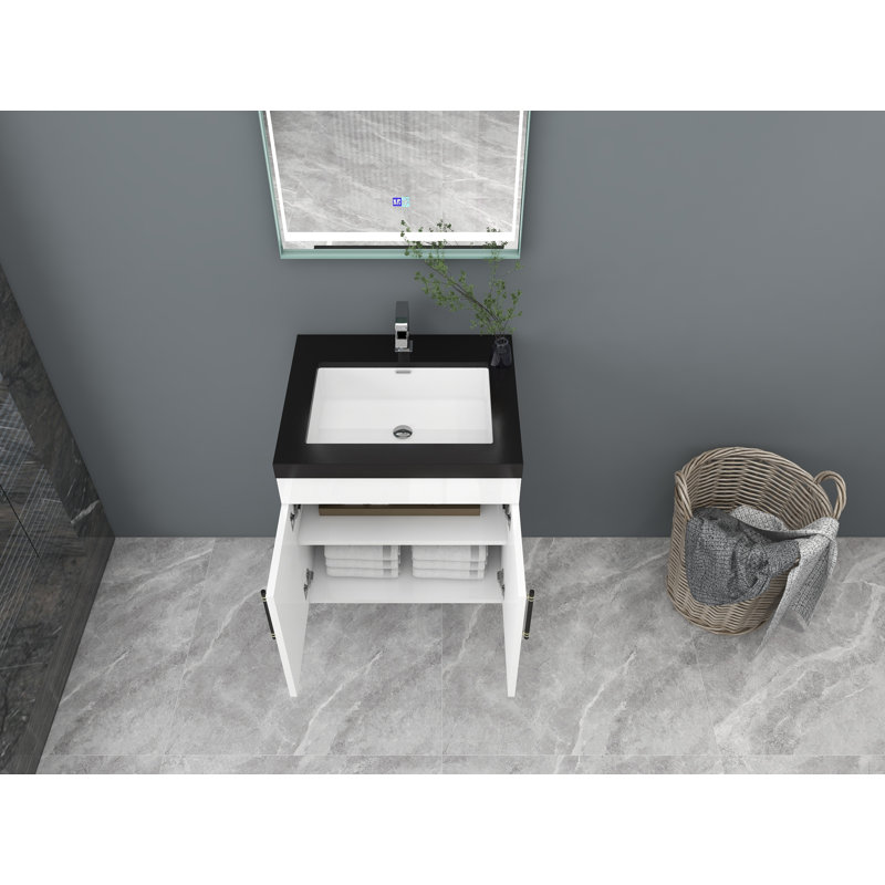 Ensemble de meuble-lavabo mural simple 24 po Camon, Blanc très luisant, Noir mat