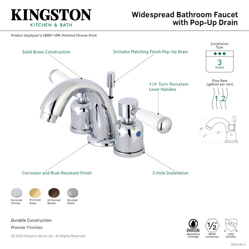 Robinet de salle de bain espacé Kingston, Laiton poli