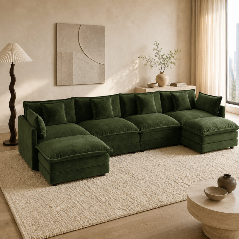 Canapé d'angle modulaire en chenille en forme de U, 4 places, 137 pouces de large, avec 2 poufs amovibles, Vert