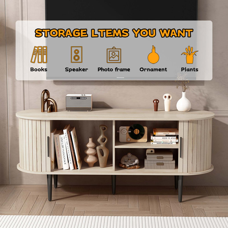 Meuble télé, console de télévision moderne de 47 po avec compartiment de rangement et porte coulissante, centre de divertissement pour jeux vidéo avec armoire pour le salon
