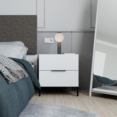 Modern White Nightstand with 2 Drawers, 21.7 x 23.2 x 17.3 inches | 100% Melamine Coated Particle Board, Wall-Mountable Design | Stylish and Functional Bedroom Storage Solution for Contemporary Spaces