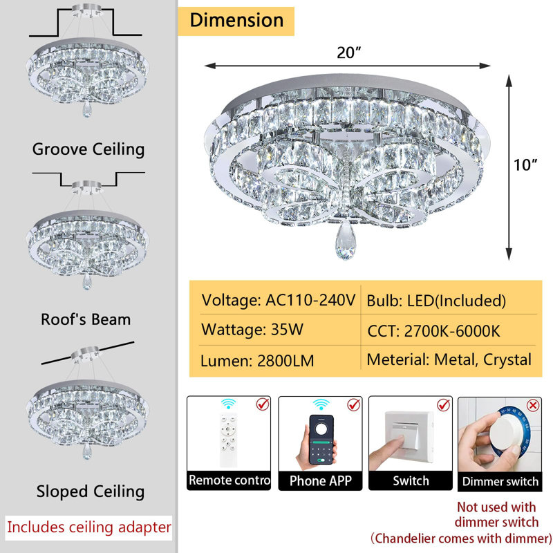 Glam Led Dimmable Crystal Chandelier, Silver