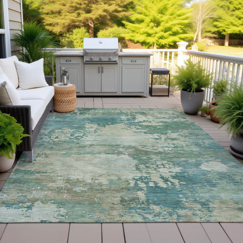 Tapis bleu sarcelle lavable à la machine intérieur / extérieur Xhevrie, Rectangle 10 pi x 14 pi