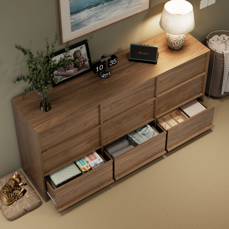 63" W 9 Dresser Drawer For Bedroom, Wood Drawer Dresser With Pull Handle, Beige