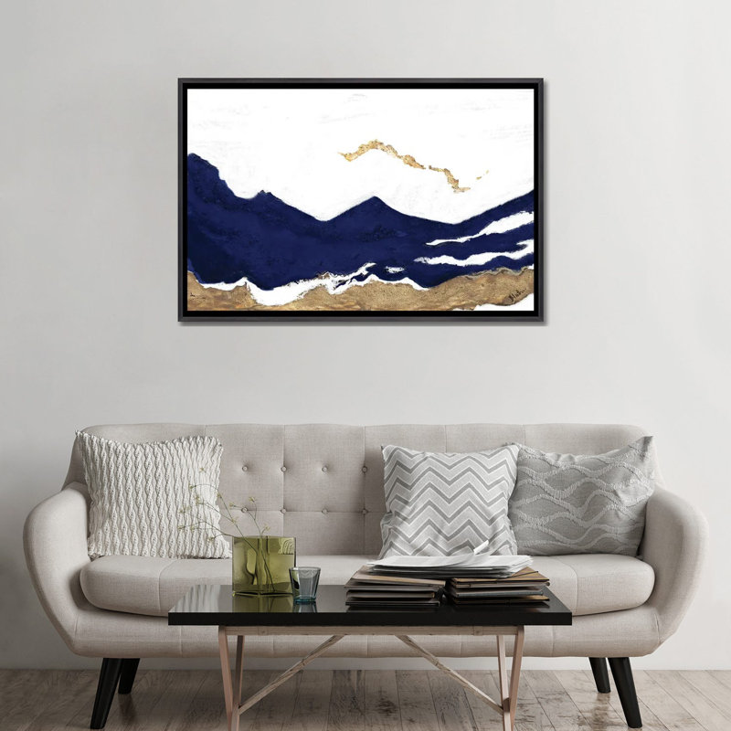 " Navy And Gold Tierra II " by Patricia Pinto, Distressed Black Framed Canvas, No Mat, 48" H x 32" W x 1.5" D