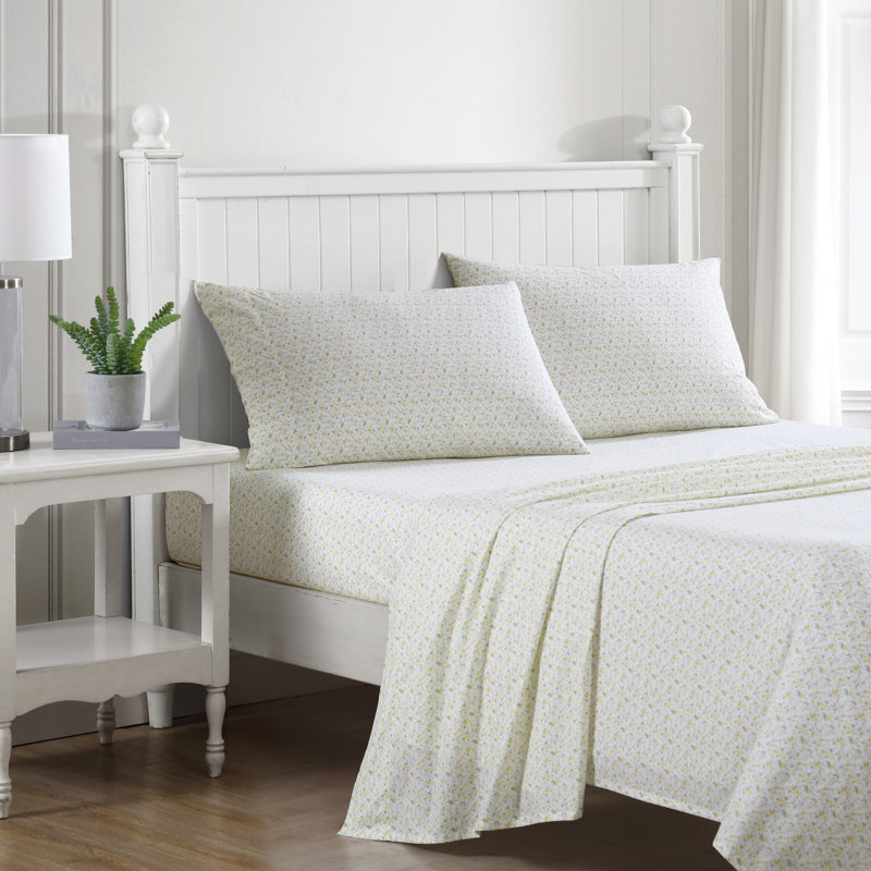Twin XL White Cotton Percale Floral Sheet Set