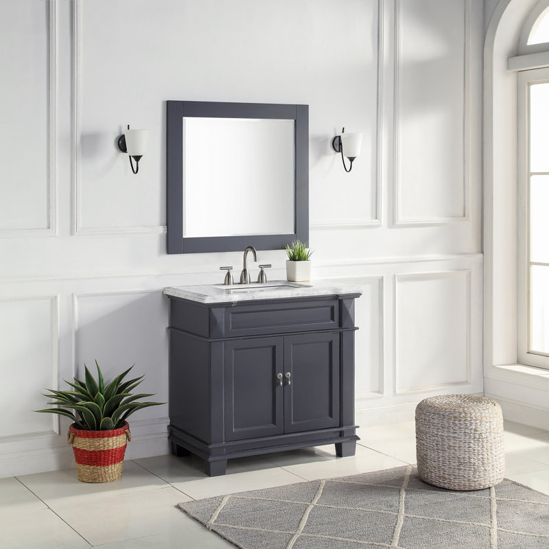 Meuble-lavabo autoportant gris anthracite avec plateau en marbre de Carrare l 36 po x 22 po Aiyza, Gris