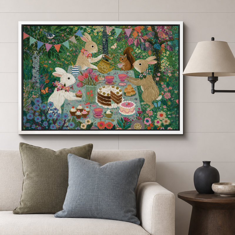 «Woodland Rabbit Tea Party», image de chambre de bébé, impression sur toile encadrée, impression numérique, Cadre blanc