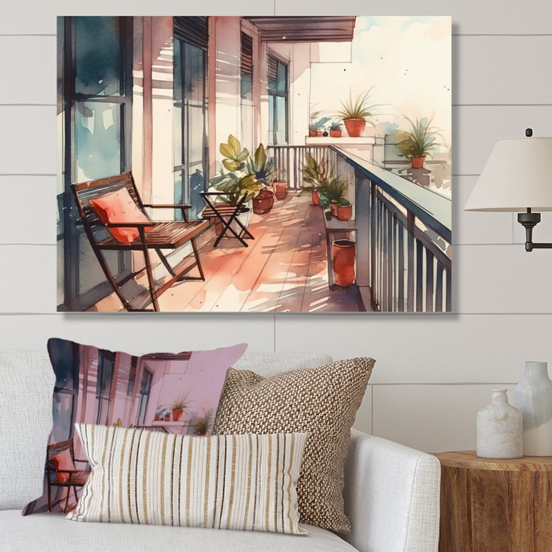 Rosegret capturant le bonheur d'une terrasse d'été I sur toile, H 12 po x l 20 po x P 1 po, Toile tendue