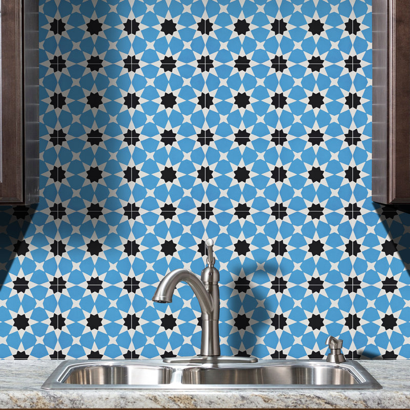 Medina 8" x 8" Cement Patterned Wall & Floor Tile, Blue/White/Black