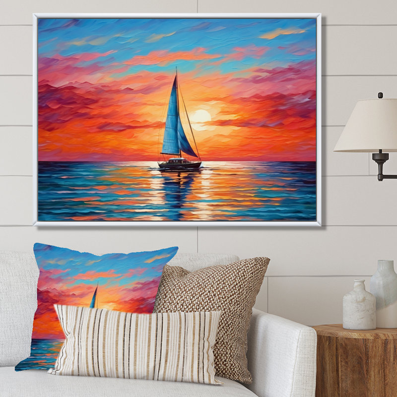 Voilier abstrait Horizon II, 30" H x 40" W, Cadre flottant blanc