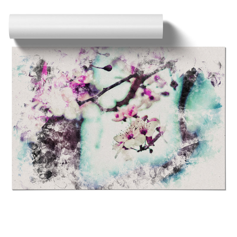 Pink Cherry Blossom Flowers Watercolour - Frameless Print, 59cm H x 84cm W x 0.1cm D