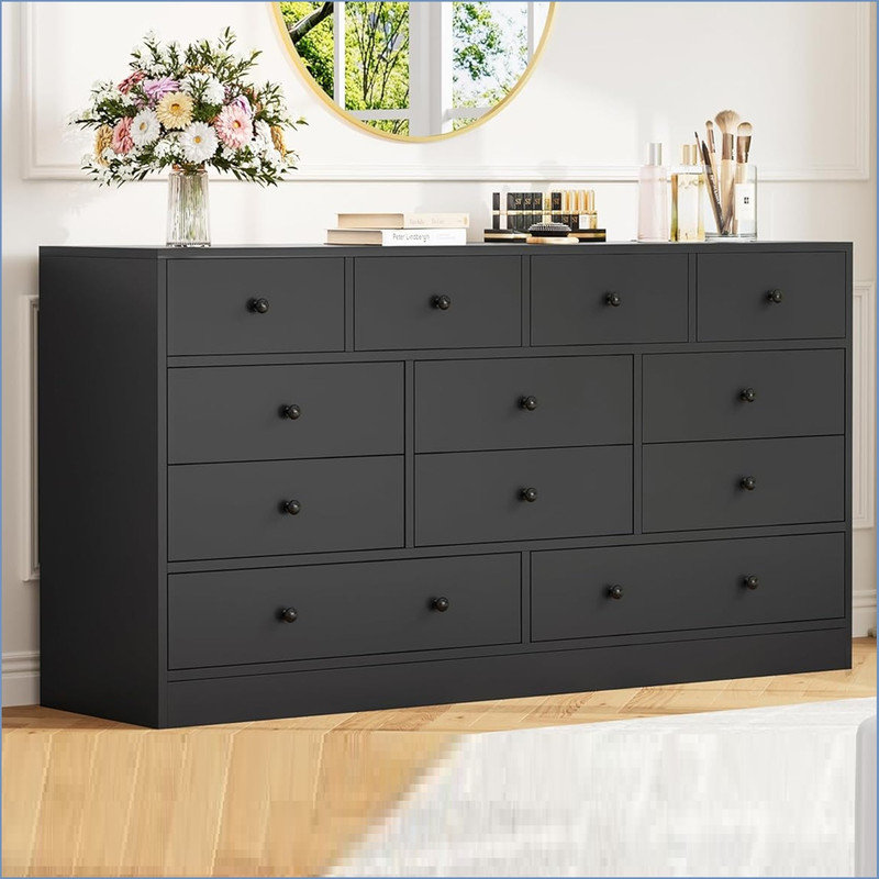 61 Inch Drawer Dresser for Bedroom,12 Drawer Dressers & Chests of Drawers, Wood Storage Drawer Dresser with Power Outlet