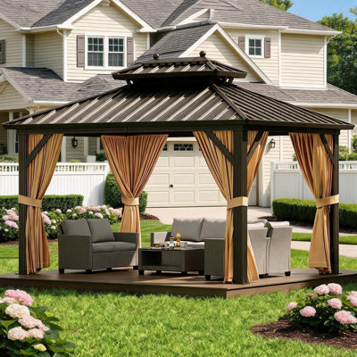 Gazebo rigide 3 x 3 m – Structure robuste en aluminium et fer galvanisé – toit double, rideaux et moustiquaire – Pavillon extérieur permanent pour patio, jardin, terrasse, cour, pelouse