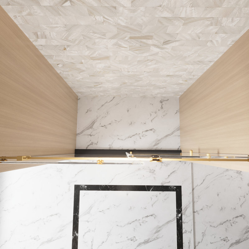 56 - 60 "W X 76" H Bathroom Single Sliding Shower Door, 6 Mm Clear Tempered Glass, Film, Stainless Steel Square Tube Track, Brushed Gold Handle, 4.8Cm Wheels For Long Lasting And Quiet Sliding,