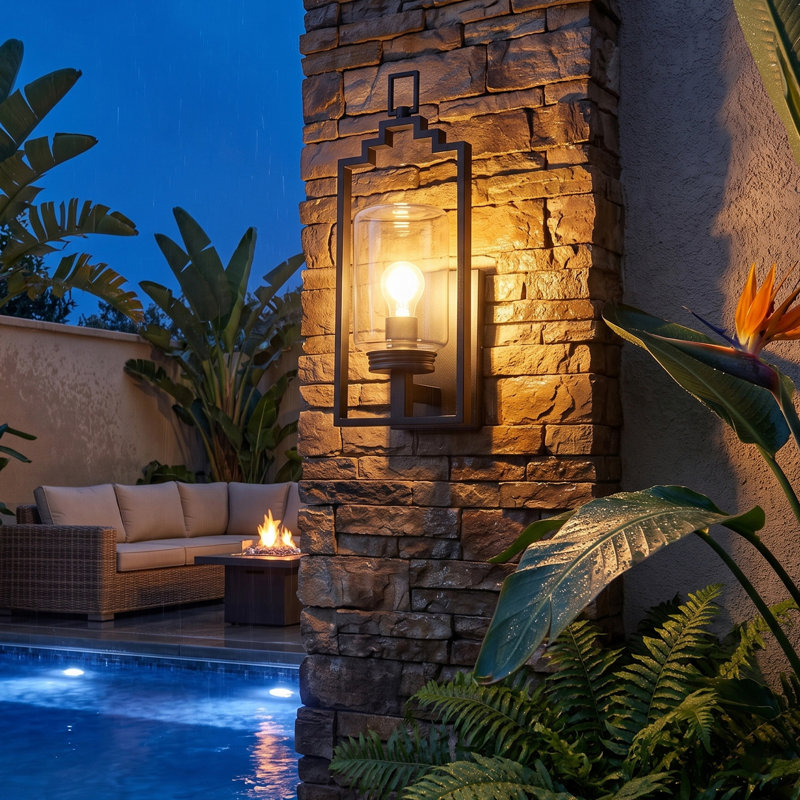 Modern Industrial Outdoor Wall Sconce, Matte Black Exterior Lantern with Handmade Clear Glass