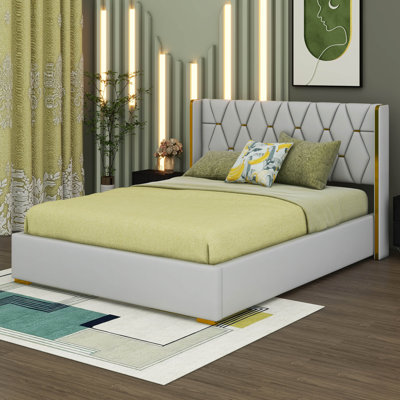 Queen Size Upholstered Platform Bed With Metal Strips -  Everly Quinn, 8EE55DCEDE504B5CBE12F4F2E2ADCE0A