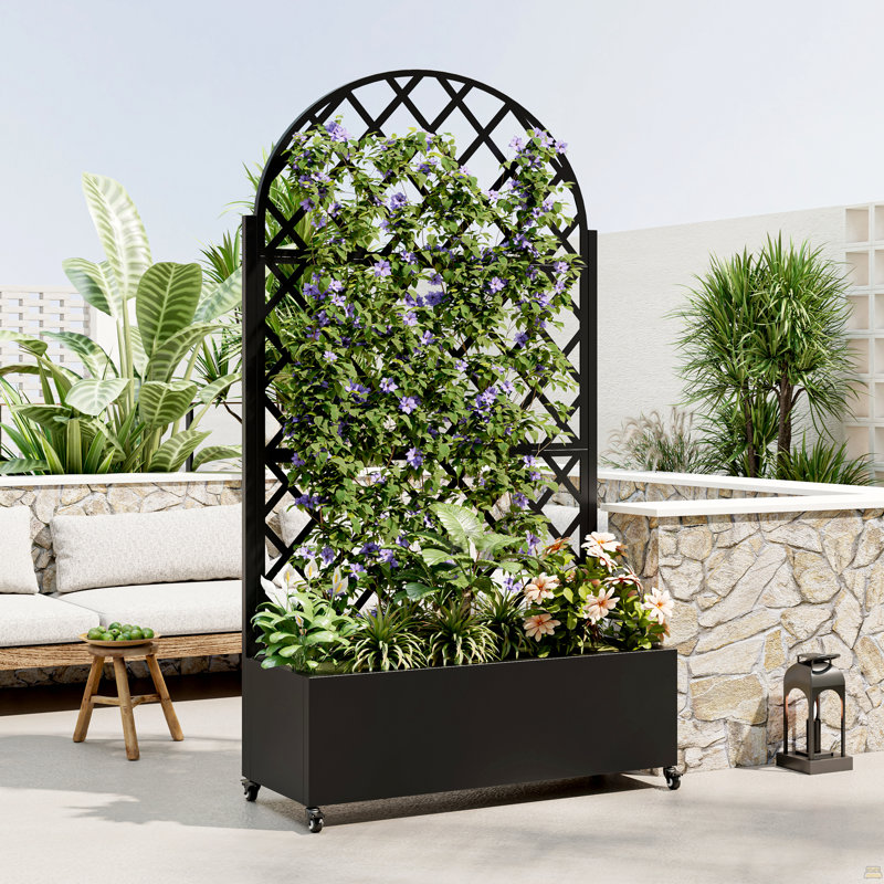 Jardinière d'extérieur, boîte à fleurs en métal avec treillis, lit de jardin surélevé à 4 roues