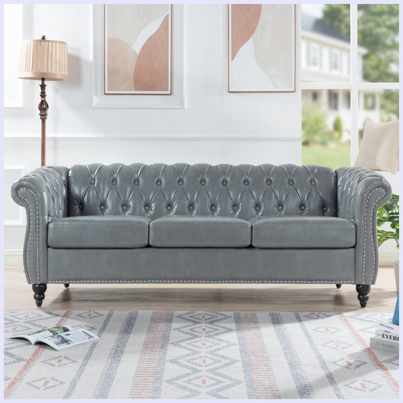Canapé Chesterfield 3 places Elaiza, H 29 po x l 84 po x P 32,5 po, Gris, Noir