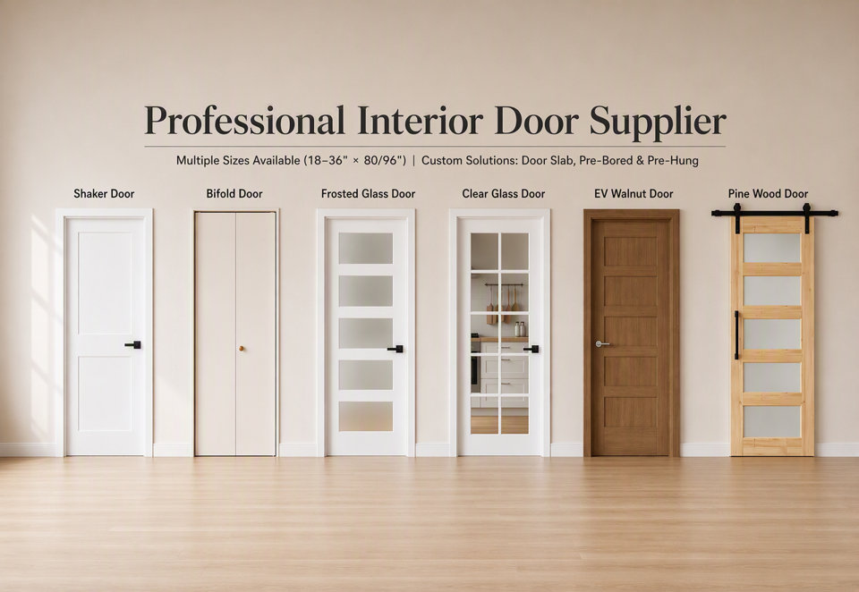 Professional Interior Door Supplier: featuring shaker, bifold, frosted glass, clear glass, EV walnut, and pine wood sliding barn doors in multiple sizes with door slab, pre-bored, and pre-hung options.