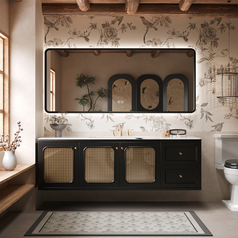 American-style retro rattan bathroom cabinet, 19.69" H x 59.06" W x 21.56" D