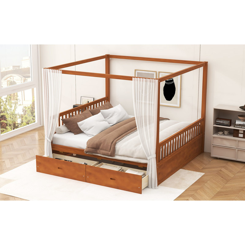 Wooden Canopy Bed With Storage Drawers, Très grand lit, Walnut