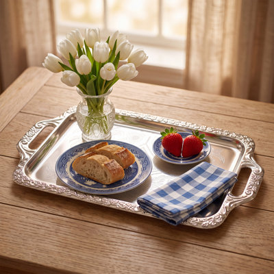 Paquet de 4 plateaux de service ornés argentés avec poignées, grands plateaux décoratifs rectangulaires pour le dessert, le thé et les réceptions