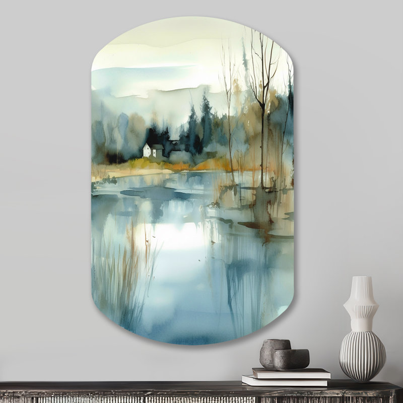 Été, paysage de lac, Illustration V - forme cylindrique en métal, art mural asymétrique, H 31 po x l 19 po
