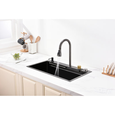 Évier de cuisine à cascade avec cuve simple en acier inoxydable, poste de travail multifonctionnel et robinet de pluie pour cuisines modernes