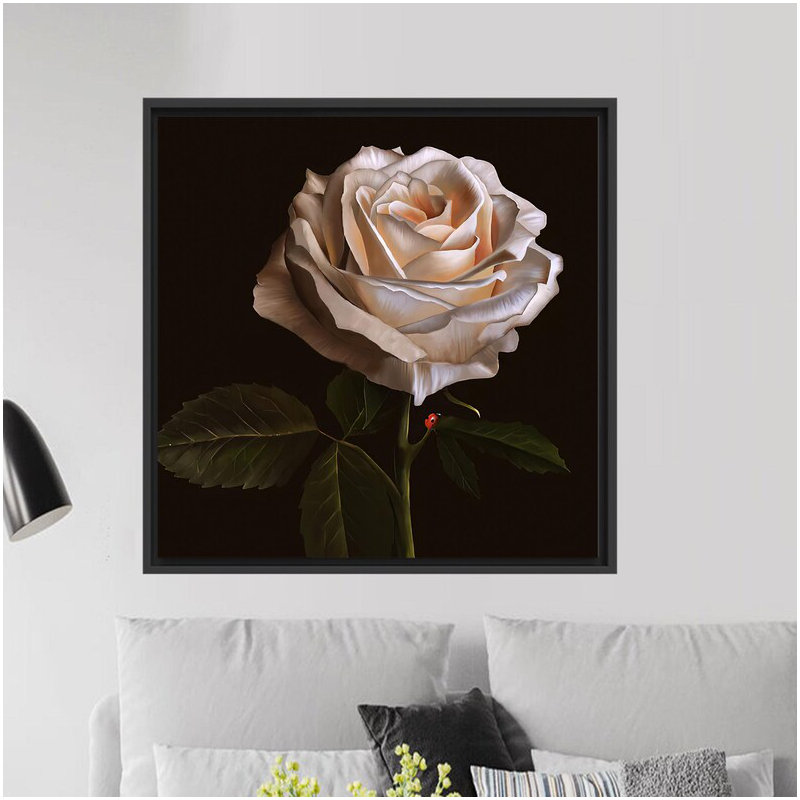 Modern White Rose 3D Canvas Wall Art with Ladybug Detail - Ideal Gift for Office Decor, Black Floater Framed