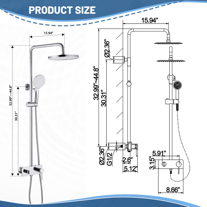 44.8" Height Adjustable Solid Brass Complete Shower System With Rough-In Valve, Polish Chrome