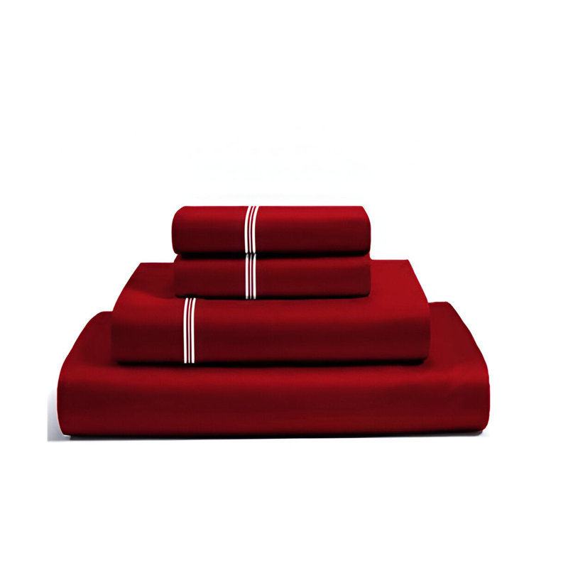 400TC Cotton Classic Luxurious Embroidery Cotton 4 Piece Sheet Set Fitted Sheet Fits Upto 16" Deep Pocket, Burgundy/White