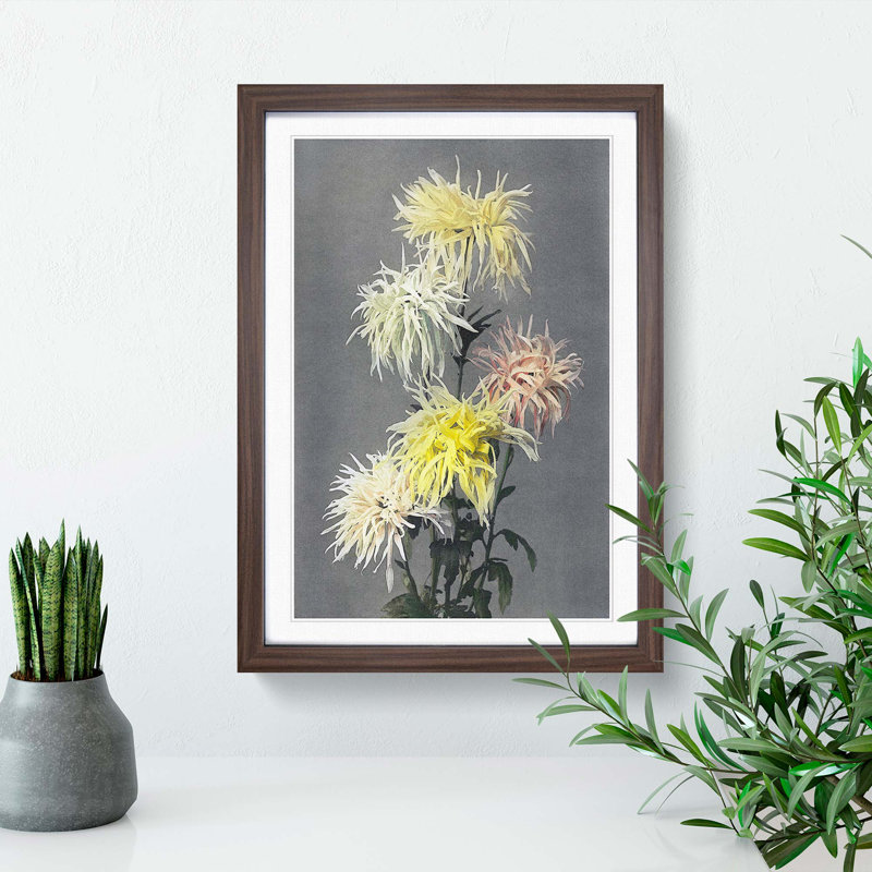 Pink & Yellow Chrysanthemums by Ogawa Kazumasa - Picture Frame Painting Print, Walnut Framed, 48cm H x 36cm W x 2cm D