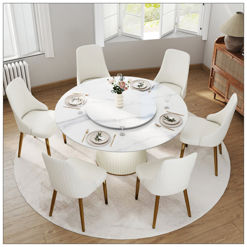 Table de salle à manger 59,05 "en pierre artificielle blanche ronde avec base en contreplaqué beige en polyuréthane - peut accueillir 8 personnes - Table tournante blanche en pierre artificielle 31,5" avec 6 chaises